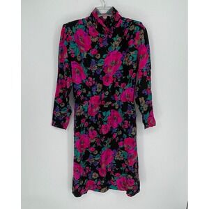 Kay Windsor Women's Vintage Black Pink Floral Long Sleeve‎ Midi Dress Size S